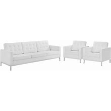 Modway Loft 3-Piece Modern Tufted Faux Leather Sofa Furniture Set In White - EEI-4105-SLV-WHI-SET