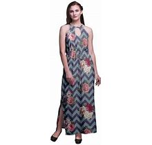 Bimba Floral Women Sleeveless Crew Neck Halter Gown With Side Slits Maxi Dress-X-Small
