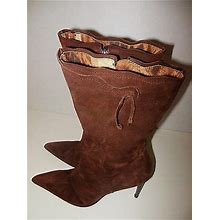 Fabulous Bebe Brown Suede Leather Stiletto Mid Calf Boots Leopard