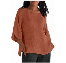 Byoimud Women's Casual Cotton And Linen Shirt Flowy Tees Tops With Split Hem Cute Clothes Gift For Women Solid Color 3/4 Sleeves Boatneck Plus Size Fa