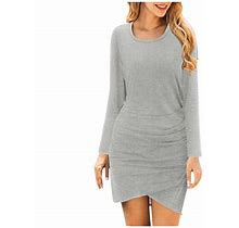 Gwaabd Large Women's Clothing Women Fashion Ruched Elegant Bodycon Long Sleeve Wrap Front Solid Color Casual Basic Fitted Short Dress