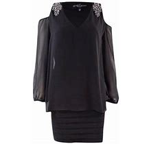 Betsy & Adam Women's V-Neck Beaded Chiffon Jersey Dress (2P, Black)