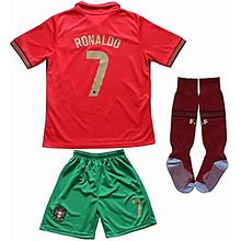 FPF 2021 Portugal 7 Cristiano Ronaldo Kids Football Soccer Jersey/Shorts/Socks Kit Youth Sizes (Ronaldo Red, 24 (6-7 Years))