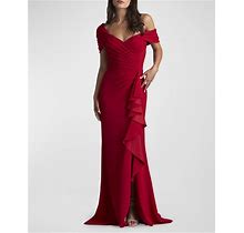 Tadashi Shoji Off-Shoulder Pleated Ruffle Gown, Scarlet, Women's, Petite, Evening Formal Gala Gowns Mother Of The Bride Groom Off-The-Shoulder Gowns