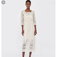 Zara Dresses | Embroidered Dress With Square Cut Neckline | Color: Cream | Size: Various