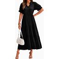 Dowerme Women's Summer Dresses 2024 Casual Short Sleeve Button Loose Fit Pleated Boho Flowy Swing Long Beach Sun Dress