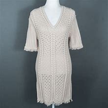 Minnie Rose Beige Cotton Ribbed Braided Knit Frayed Hem Sweater Dress - SZ M