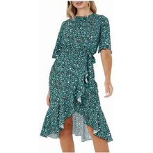 Quiz Womens Teal Ruffled Animal Print Round Above The Knee Faux Wrap Dress 10