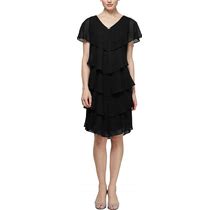 SLNY Women SLNY Capelet Jewel Clasp Tiered Chiffon Dress 8 Black | Boscov's