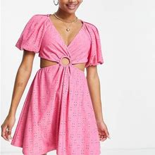 ASOS DESIGN Petite Eyelet Volume Sleeve Mini Cut Out Dress In Pink-Multi - Multi (Size: 00)