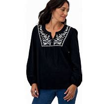 Style & Co Petite Embroidered Shimmer-Knit Cotton Top, Created For Macy's - Dance Deep Black