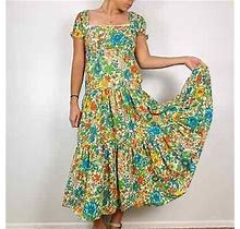 Vintage 70'S Cottage Core Peasant Smocked Tiered Floral Maxi Dress