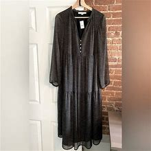 Loft Dresses | Loft Black Split Neck Tiered Midi Dress - New With Tags | Color: Black/White | Size: M