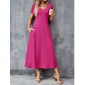 Women's Solid Color V-Neck Waist Casual Dress,L