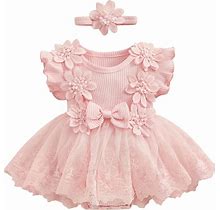 Newborn Baby Girl Tulle Birthday Party Dress Fly Sleeve Flower Lace Tutu Romper Dress Little Princess Clothes