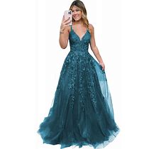 BITALY Women's V Neck Lace Long Prom Dresses 2024 Appliqued Tulle Ball Gown Formal Evening Dress For Teens BI007
