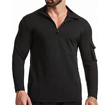 Men's 1/4 Zip Long Sleeve Training Top Pullover Quarter Zipper Muscle Athletic Workout Gym Golf Teeshirts Black 3X-Large