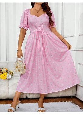 Plus Size Women's Sweetheart Neck Floral Print Dress With Front Tie And Puff Sleeves, Summer,4XL