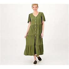 Susan Graver Pet PURE Linen Blend Tiered Button Front Dress, Size Petite X-Small, Kale Green
