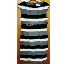 Calvin Klein Black White Grey Striped Belted Pencil Dress 10P Knee