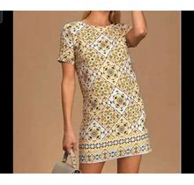 Lulus Dandy Lion Yellow Tiled Print Short Sleeve Shift Mini Dress Size