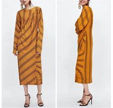 Zara Dresses | Zara Yellow Black Striped Ruffled Gathered Long Sleeve Midi Dress | Color: Black/Yellow | Size: S