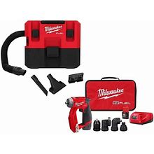 Milwaukee Wet/Dry Vac 1.6 Gal. + 4-In-1 Installation Drill Kit 3/8" 12V Cordless