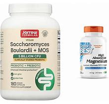 Jarrow Formulas Saccharomyces Boulardii Probiotics + MOS 5 Billion CFU Probiotic Yeast & Doctor's Best High Absorption Magnesium Glycinate Lysinate