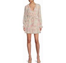 City Vibe Floral Long Sleeve V-Neck Ruffle Tie Dress, Womens, Juniors, XS, Ivory Pink