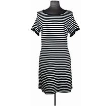 Talbots Black And White Striped Cotton Knit Dress Tassel Sleeve Petite