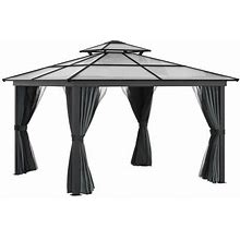 Outsunny 10' X 10' Hardtop Gazebo Canopy With Polycarbonate Double Roof, Aluminum Frame, Permanent Pavilion Outdoor Gazebo With Netting And Curtains F