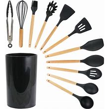 Megachef Silicone And Wood Cooking Utensils, Black, Set Of 12 Utensils