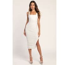 White Mesh Ruched Bodycon Midi Dress | Womens | Medium (Available In L) | 100% Polyester | Lulus