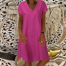 Wefuesd Womens Fashion Dresses For Women 2023 Womens Fashion Dress Solid Color Short Sleeve V Neck Mid Length Dress Pink L