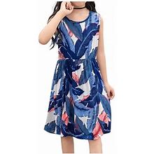 Safuny Girls's A Line Dress Clearance Tropical Leaf Lovely Princess Dress Sleeveless Comfy Fit Round Neck Pleated Swing Hem Vintage Holiday Blue 3-15Y