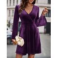 Women's Solid Color Wrap Bell Sleeve Dresses,L