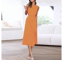 Kscykkkd Dresses For Women Plus Size Female Crew Neck Sleeveless Solid A-Line Long Simple Clearance Fit & Flare Dresses Orange M