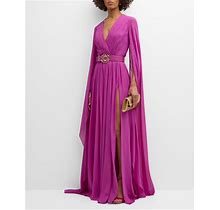 Elie Saab Pleated V-Neck Belted Slit Silk Dress, Purple Crush, Women's, 2, Cocktail & Party Wedding Guest Dresses Satin & Silk Dresses