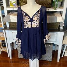 Miss June Dresses | Miss June Paris Navy Embroidered Bell Sleeve Babydoll Dress Size 1 | Color: Blue/Cream | Size: L