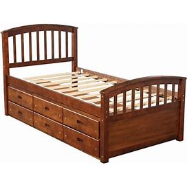 39.3 in. W Walnut Twin Size Wooden Bed Frame For Teens And Adults, Platform Bed Frame With 6-Drawers And Wooden Slats