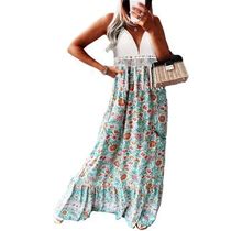 Gxfc Women's Long Dress, Halter Sleeveless Backless Crochet V-Neck Patchwork Floral Printed Fringe Dresses