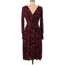 Tommy Hilfiger Casual Dress - A-Line V Neck Long Sleeves: Burgundy Floral Dresses - Women's Size 6