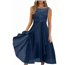 Zpanxa Sundresses For Women, Summer Dresses For Women 2024 Sexy Solid Sleeveless Round Neck Lace Chiffon Mesh Waist Party Dresses Navy A M