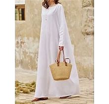 Lightinthebox Women's White 55% Linen Linen Dress Plain Breathable Crew Neck Pocket Comfortable Maxi Dress Long Sleeve Loose Summer Spring