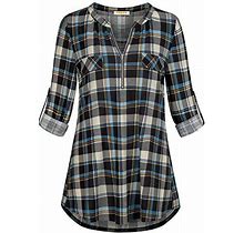 Mixjoy Baikea Business Casual Shirts For Women Zipped V Neck Plaid Shirt Ladies Blouses 34 Sleeve Tunic Tops With Double Pockets Womens Fall Clothes F