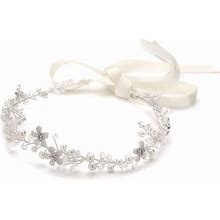 Mariell Crystal Bridal Or Wedding Halo Headband With Silver Flowers, Ivory Pearls And Ivory Satin Ribbon