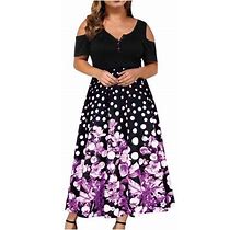 Fesfesfes Plus Size Dress For Women Low Cut Boat Neck Short Sleeve Boho Dress Hollow Cold Shoulder Sleeve Lace Splicing Knee Length Dress