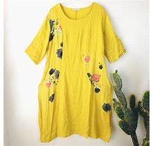 100% Linen Italy Lagenlook Oversized Dress Floral Print Pockets Size Xl | Color: Yellow | Size: Xl