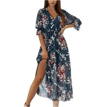 Black And Friday Deals 50% Off Clear! Asdoklhq Womens Plus Size Clearance Dresses,Women's Bohemian V-Neck Loose Half Sleeve A-Line Print Floral Long M