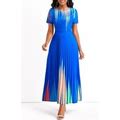 Rotita Women's Royal Blue Ombre Blue Pleated Midi Dress Pleated Ombre Round Neck Maxi Dress - Medium